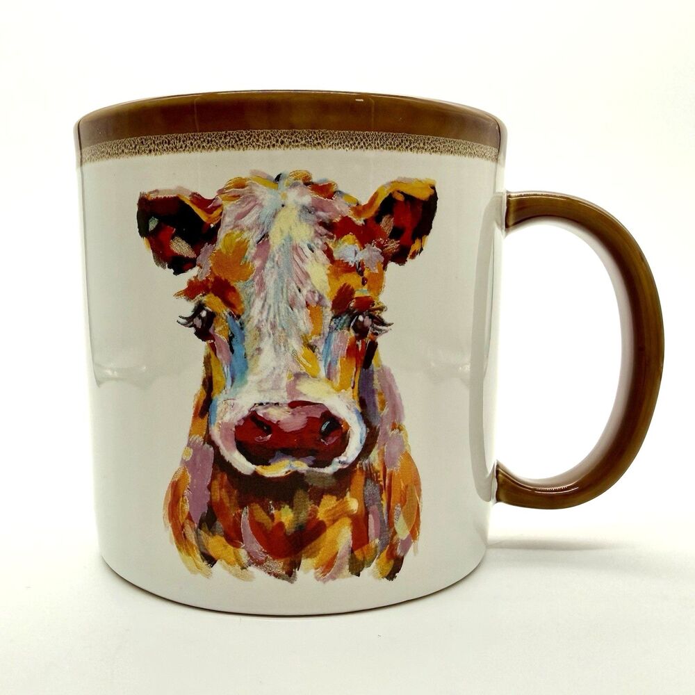 MAINSTAYS Ceramic Mug Cup 19 oz Colorful Painted Cow White Brown Countrycore NWT